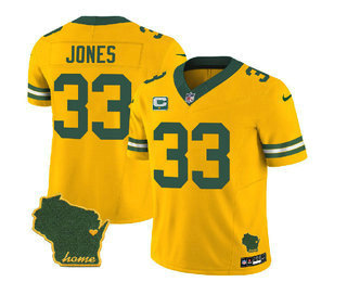 Men's Green Bay Packers #33 Aaron Jones Gold 2023 FUSE C Patch Vapor Limited Stitched Jersey