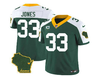 Men's Green Bay Packers #33 Aaron Jones Green White 2023 FUSE C Patch Vapor Limited Stitched Jersey