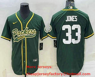 Men's Green Bay Packers #33 Aaron Jones Green With Patch Cool Base Stitched Baseball Jersey