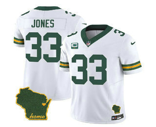Men's Green Bay Packers #33 Aaron Jones White 2023 FUSE C Patch Vapor Limited Stitched Jersey