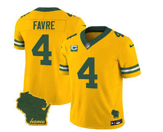 Men's Green Bay Packers #4 Brett Favre Gold 2023 FUSE C Patch Vapor Limited Stitched Jersey