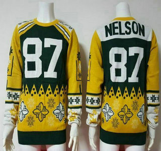 Men's Green Bay Packers #87 Jordy Nelson  Green With Yellow NFL Sweater