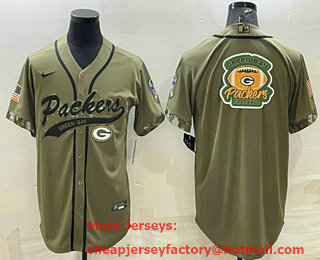 Men's Green Bay Packers Olive Salute to Service Team Big Logo Cool Base Stitched Baseball Jersey