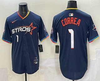 Men's Houston Astros #1 Carlos Correa Navy 2025 City Connect With Texas Patch Limited Stitched Jersey
