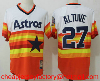 Men's Houston Astros #27 Jose Altuve Denim Orange Pullover Stitched MLB Cooperstown Collection Jersey w2017 Hall of Fame Patch