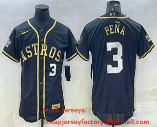 Men's Houston Astros #3 Jeremy Pena Number Black Gold 2022 World Series Stitched Flex Base Nike Jersey