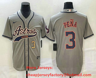 Men's Houston Astros #3 Jeremy Pena Number Grey With Patch Cool Base Stitched Baseball Jersey