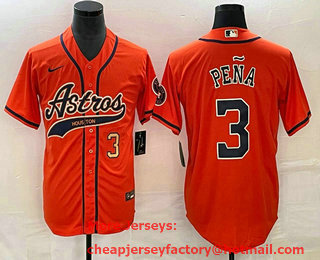 Men's Houston Astros #3 Jeremy Pena Number Orange With Patch Cool Base Stitched Baseball Jersey