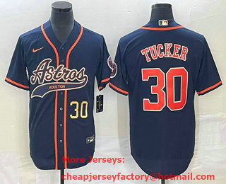 Men's Houston Astros #30 Kyle Tucker Number Navy Blue With Patch Cool Base Stitched Baseball Jersey