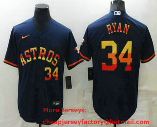Men's Houston Astros #34 Nolan Ryan Number Navy Blue Rainbow Stitched MLB Cool Base Nike Jersey
