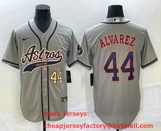 Men's Houston Astros #44 Yordan Alvarez Number Grey With Patch Cool Base Stitched Baseball Jersey