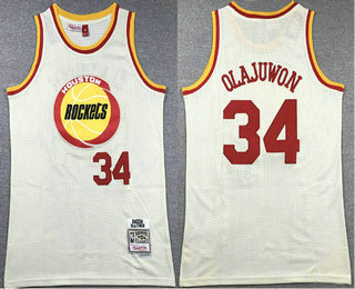 Men's Houston Rockets #34 Hakeem Olajuwon Cream Chainstitch Throwback Swingman Jersey