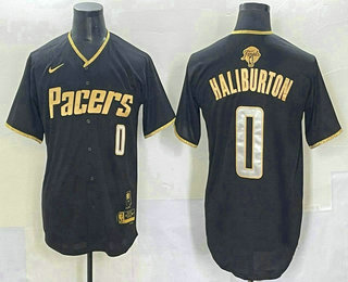 Men's Indiana Pacers #0 Tyrese Haliburton Black Gold 2025 Finals Vapor Stitched Baseball Jersey