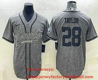 Men's Indianapolis Colts #28 Jonathan Taylor Grey Gridiron With Patch Cool Base Stitched Baseball Jersey