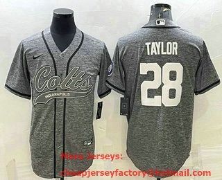 Men's Indianapolis Colts #28 Jonathan Taylor Grey Gridiron With Patch Cool Base Stitched Baseball Jersey