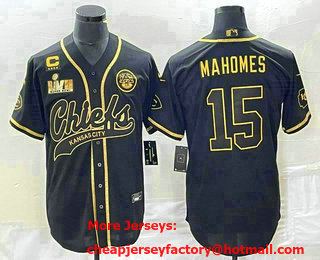 Men's Kansas City Chiefs #15 Patrick Mahomes Black Gold C Patch Super Bowl LVII Cool Base Stitched Baseball Jersey