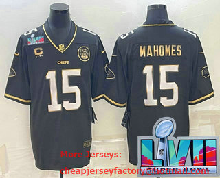 Men's Kansas City Chiefs #15 Patrick Mahomes Black Gold Super Bowl LVII Patch Vapor Untouchable Limited Stitched Jersey