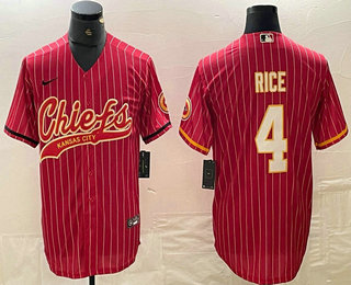 Men's Kansas City Chiefs #4 Rashee Rice Red Pinstripe With Patch Cool Base Stitched Baseball Jersey
