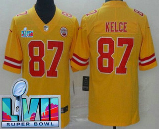 Men's Kansas City Chiefs #87 Travis Kelce Limited Yellow Inverted Super Bowl LVII Vapor Jersey