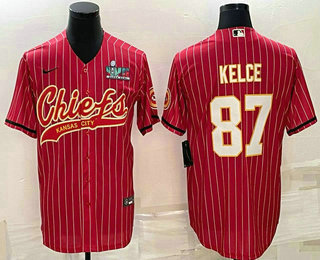 Men's Kansas City Chiefs #87 Travis Kelce Red With Super Bowl LVII Patch Cool Base Stitched Baseball Jersey
