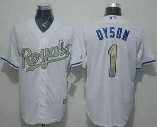 Men's Kansas City Royals #1 Jarrod Dyson White New Cool Base 2015 World Series Champions Gold Program Jersey