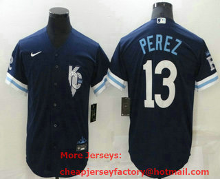 Men's Kansas City Royals #13 Salvador Perez 2022 Navy Blue City Connect Cool Base Stitched Jersey