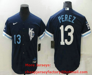 Men's Kansas City Royals #13 Salvador Perez Number 2022 Navy Blue City Connect Cool Base Stitched Jersey
