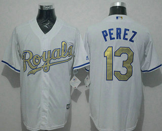 Men's Kansas City Royals #13 Salvador Perez White New Cool Base 2015 World Series Champions Gold Program Jersey