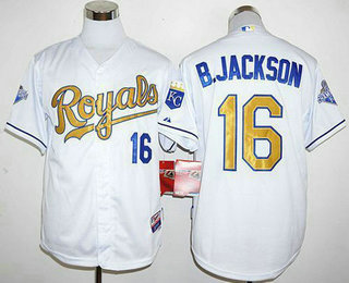 Men's Kansas City Royals #16 Bo Jackson White 2015 World Series Champions Gold Program Jersey