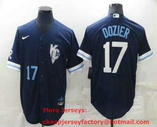 Men's Kansas City Royals #17 Hunter Dozier Number 2022 Navy Blue City Connect Cool Base Stitched Jersey