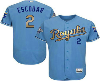 Men's Kansas City Royals #2 Alcides Escobar Light Blue FlexBase Authentic 2015 World Series Champions Gold Program Jersey