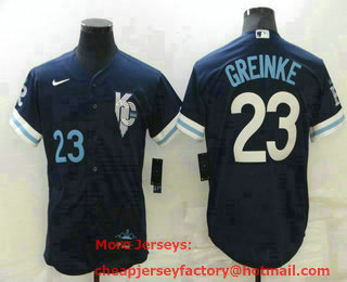 Men's Kansas City Royals #23 Zack Greinke Number 2022 Navy Blue City Connect Flex Base Stitched Jersey