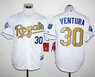 Men's Kansas City Royals #30 Yordano Ventura White 2015 World Series Champions Gold Program Jersey