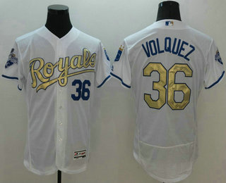 Men's Kansas City Royals #36 Edinson Volquez White World Series Champions Gold Program FlexBase Player Jersey