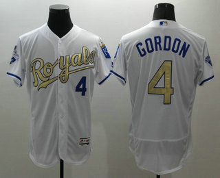 Men's Kansas City Royals #4 Alex Gordon White World Series Champions Gold Program FlexBase Player Jersey
