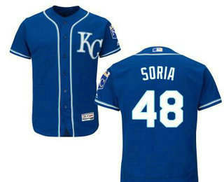 Men's Kansas City Royals #48 Joakim Soria Navy Blue KC Stitched Baseball Jersey