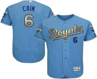 Men's Kansas City Royals #6 Lorenzo Cain Light Blue FlexBase Authentic 2015 World Series Champions Gold Program Jersey