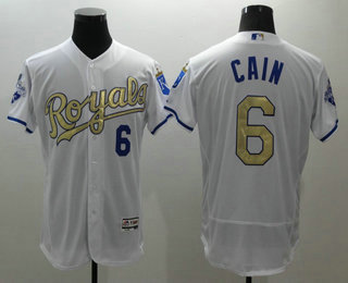 Men's Kansas City Royals #6 Lorenzo Cain White World Series Champions Gold Program FlexBase Player Jersey