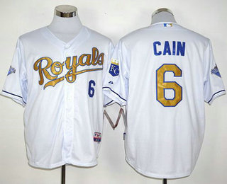 Men's Kansas City Royals #6 Lorenzo Cain White 2015 World Series Champions Gold Program Jersey