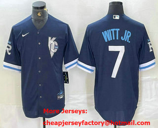 Men's Kansas City Royals #7 Bobby Witt Jr 2022 Navy Blue City Connect Cool Base Stitched Jersey