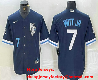 Men's Kansas City Royals #7 Bobby Witt Jr Number 2022 Navy Blue City Connect Cool Base Stitched Jersey