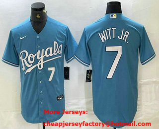 Men's Kansas City Royals #7 Bobby Witt Jr Number Light Blue Cool Base Stitched Jersey 01