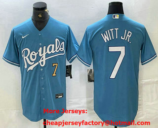 Men's Kansas City Royals #7 Bobby Witt Jr Number Light Blue Cool Base Stitched Jersey 02