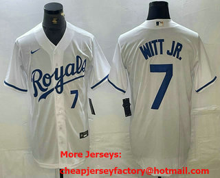 Men's Kansas City Royals #7 Bobby Witt Jr Number White Cool Base Stitched MLB Jersey 01