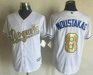 Men's Kansas City Royals #8 Mike Moustakas White New Cool Base 2015 World Series Champions Gold Program Jersey