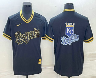 Men's Kansas City Royals Big Logo Black Gold Nike Cooperstown Legend V Neck Jersey 01
