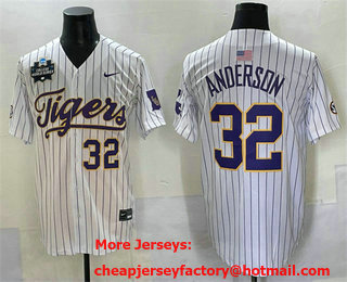 Men's LSU Tigers #32 Kade Anderson White Pinstripe 2025 World Series Stitched Baseball Jersey