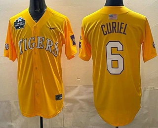 Men's LSU Tigers #6 Derek Curiel Gold 2025 World Series SEC Patch Stitched Baseball Jersey