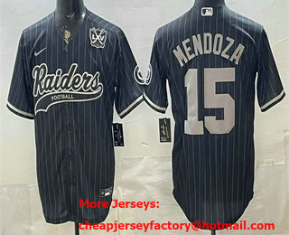 Men's Las Vegas Raiders #15 Fernando Mendoza Black Pinstripe 65th Cool Base Stitched Baseball Jersey