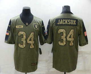 Men's Las Vegas Raiders #34 Bo Jackson 2021 Olive Camo Salute To Service Limited Stitched Jersey